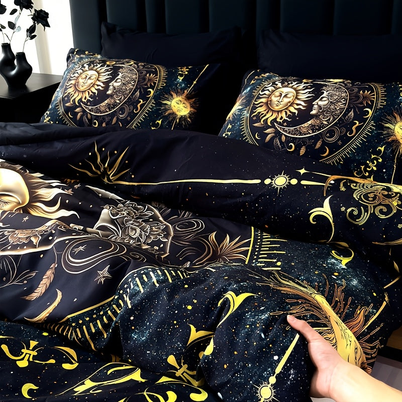 3-Piece Ultra-Soft Breathable Golden Sun Moon Planet Duvet Cover Set (1 Duvet Cover + 2 Pillowcases, Pillow Inserts Not Included), High-Definition Digital Print for Home and Dormitory Use