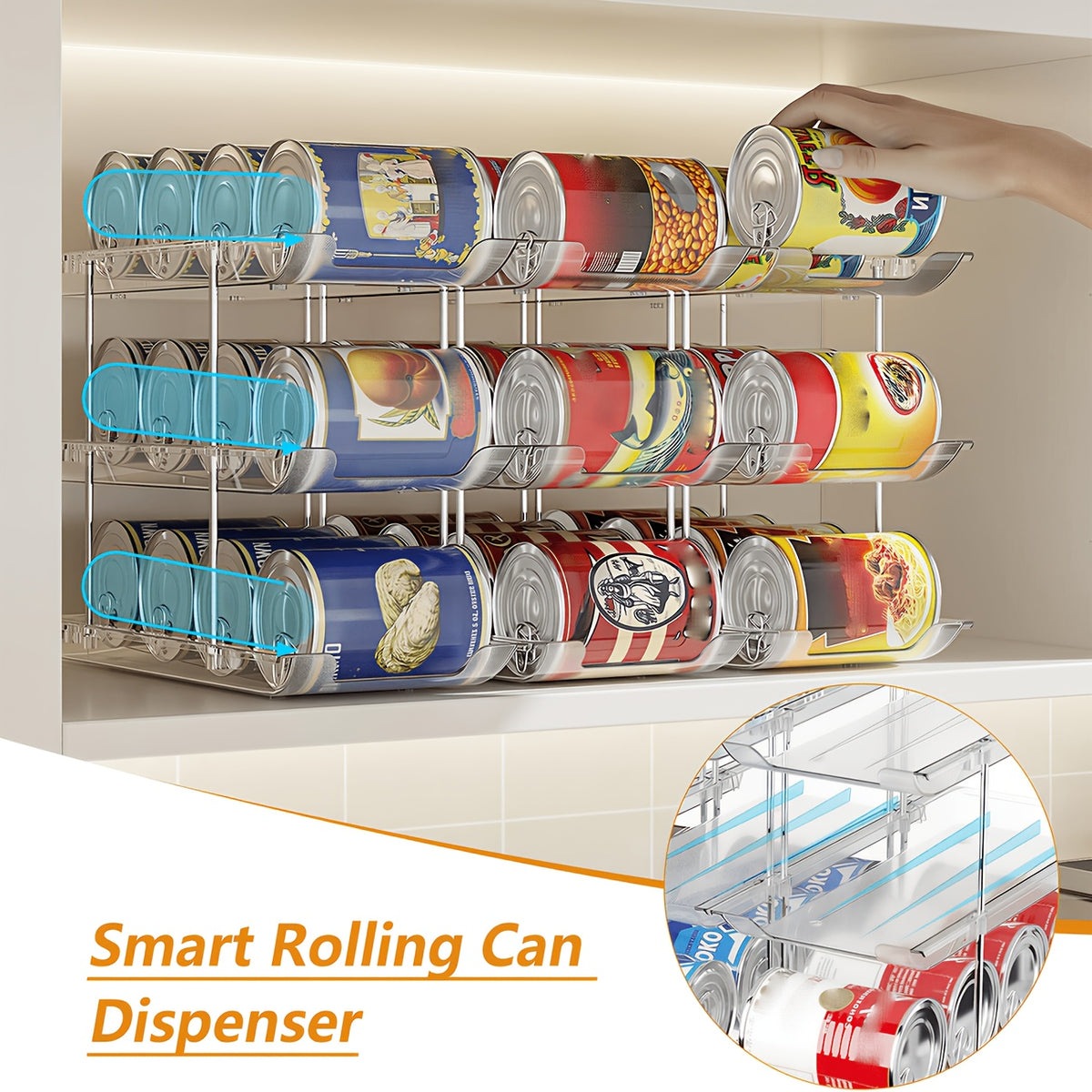 Pantry Can Storage Rack - Holds 36 Cans (3 Tiers/3pcs), Auto-Rolling Stackable Can Storage Rack - Transparent PET Material, Suitable for Soda, Soup, Vegetable Cans - Kitchen, Garage, Dorm Closet Organizer - Tool-Free Easy Assembly.