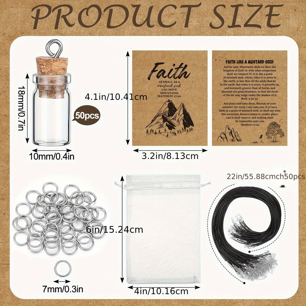 50 Set Mustard Seed Faith Necklace Christian Gifts for Woman DIY 0.02oz Mini Glass Jars Craft Necklace with Christian Faith Cards Gifts, Without Mustard Seed(Classical)