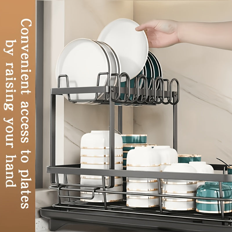 Double Tier Metal And Carbon Steel Cutlery Rack, Large And Durable, with Knife Fork And Cup Holders And Draining Board, Rustproof Two Tier, Space Saving for Kitchen Countertop, Make The Kitchen More Concise And Organized