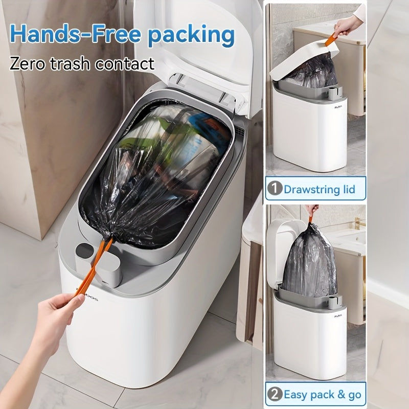 1pc/2pcs/3pcs Self-Emptying Trash Can with Drawstring Bags, Hands-Free Pull-Out Design, 3.8-Gallon Capacity – Ideal for Home, Bathroom, Kitchen, Bedroom & Dorm Room Decor and Accessories