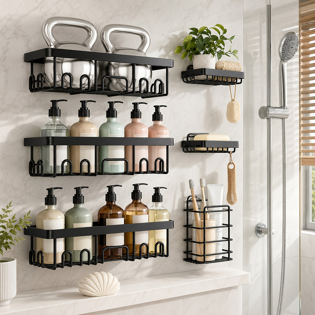 6pcs Shower Racks, Toilet Paper Rack, Soap Rack, Toothbrush Rack, No Drilling Required, 13-Inch Large Capacity, Bathroom Storage And Kitchen Sticky Shower Storage Rack (Black)