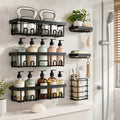 Adhesive Shower Organizer Set, 6-Piece Black No-Drill Bathroom Storage Racks with Soap, Toothbrush and Toilet Paper Holders, Listed 13-Inch Rack Size