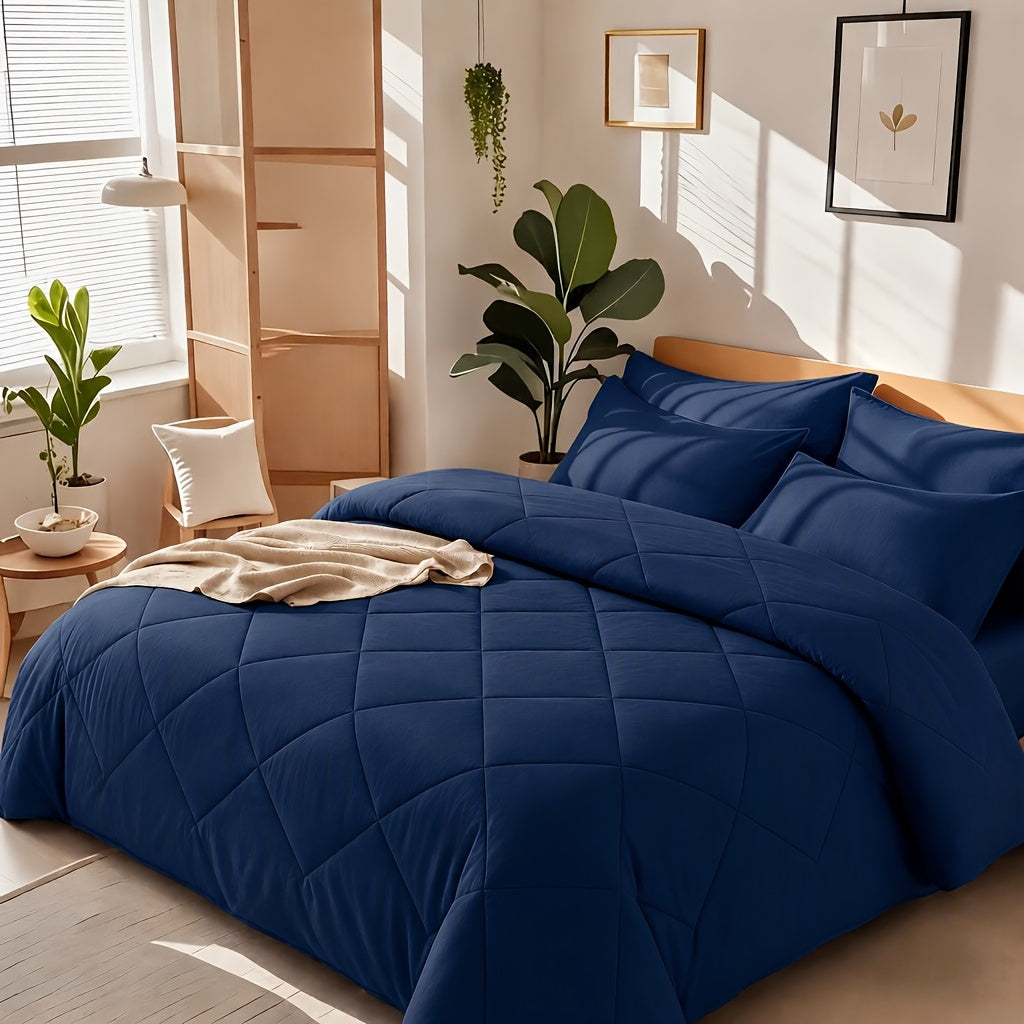 2/3pcs Solid Color Rhombus Grid Queen/King Size Bedding Set Soft, Comfortable, Fluffy Microfiber Filling Lightweight Breathable Fabric Easy Care All Season Use Includes Comforter Pillowcases Luxury Quality