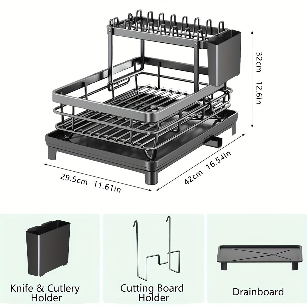 Dish Drying Rack, 2-Tier Dish Racks for Kitchen Counter, Dish Rack with Drainboard & Mat, Dish Drainer with Knife, Fork & Cup Rack, Gifts for Women, Mothers Day, Cool Stuff & Kitchen Gadgets