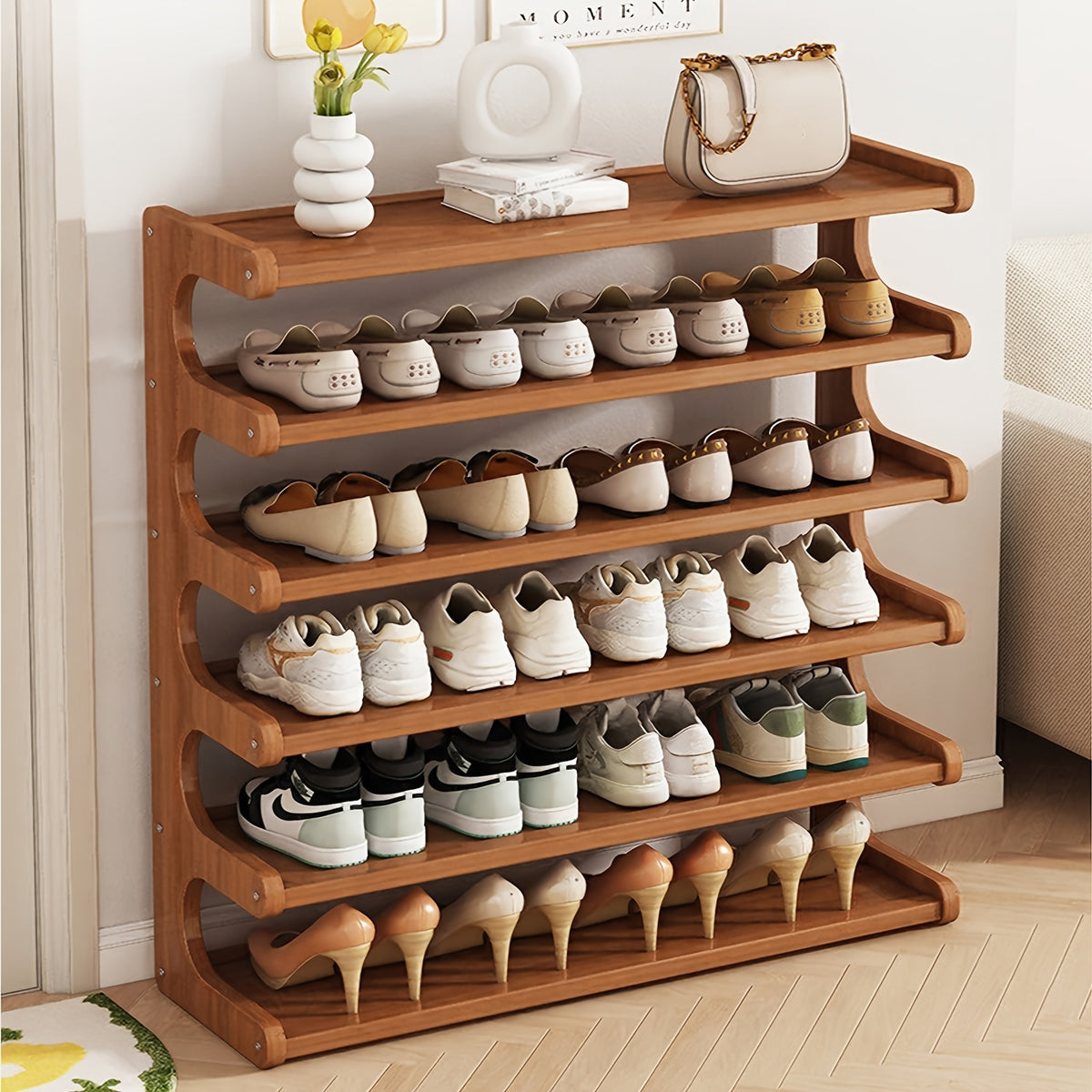 3/5/6 Layer Bamboo Shoe Rack, Bamboo Shoe Storage Solution, Multi-layer Independent Sorting Rack, Easy to Assemble, Saves Space, Suitable for Entrances, Living Rooms, Bedrooms, And Garages.