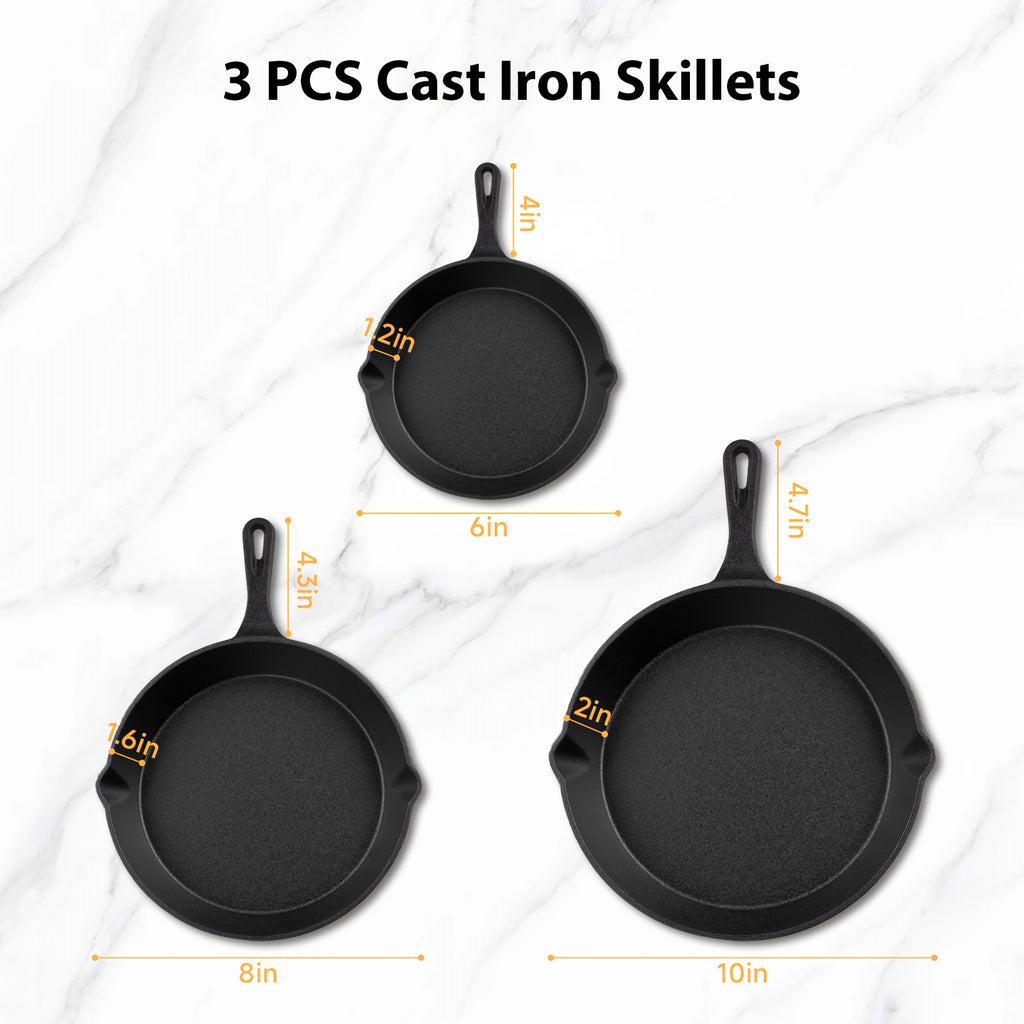 3/4/5pcs Cast Iron Skillet Set, Professional-Grade Commercial Quality Pre-Seasoned Cookware, Suitable for Frying, Sautéing, and Cooking, Usable Indoors/Outdoors, in Ovens, and on Grills