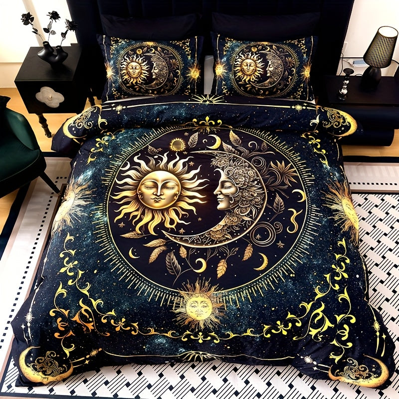 3-Piece Ultra-Soft Breathable Golden Sun Moon Planet Duvet Cover Set (1 Duvet Cover + 2 Pillowcases, Pillow Inserts Not Included), High-Definition Digital Print for Home and Dormitory Use