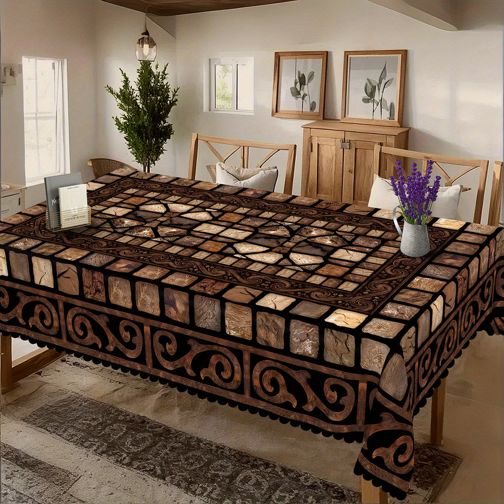 Brown Floral Tablecloth, Vintage Stone-Pattern Polyester Table Cover in Round and Rectangular Sizes for Rustic Dining Room and Traditional Home Decor