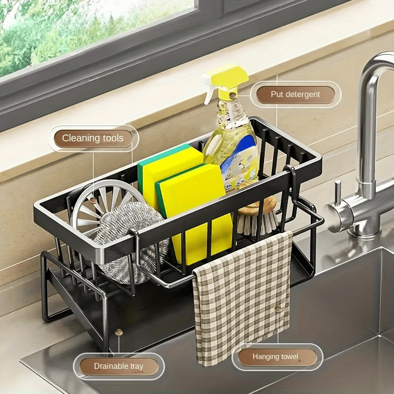 Black Sponge Drain Rack with Dishcloth Holder, Sink Storage Rack for Sponges, Dish Soap, Dishcloths, Brushes, and Utility Cloths, Christmas