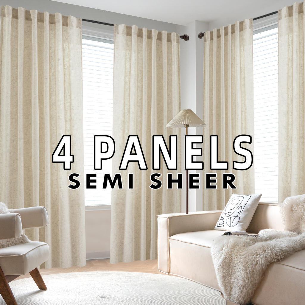4 Panels Natural Linen Curtains for Living Room Semi Sheer Farmhouse Real Flax Rod Pocket Back Tab Boho Rustic Light Filtering Window Drapes for Bedroom Privacy Assured