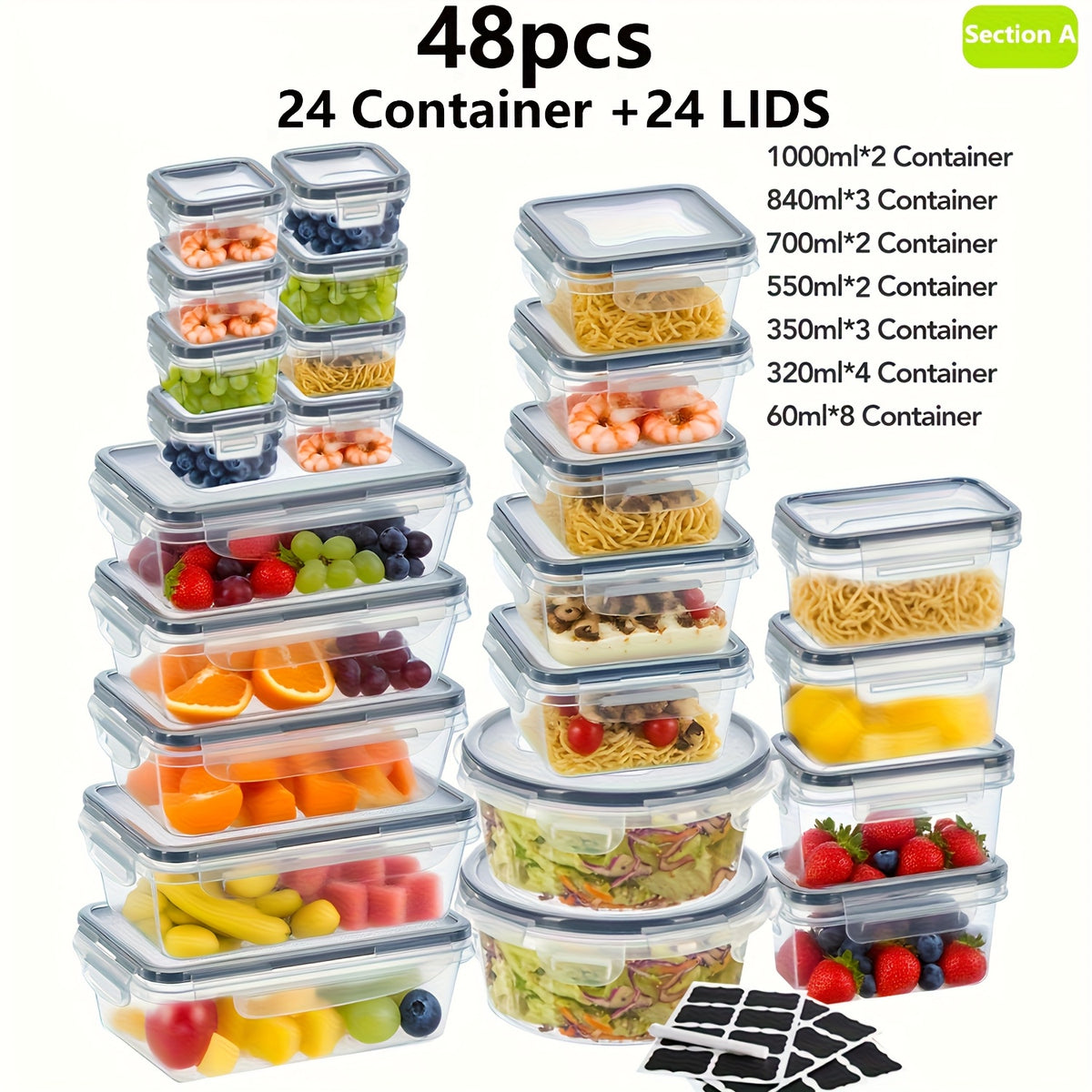 48/24pcs Food Storage Container Set, Fresh-Keeping Boxes, Easy-to-Secure Lids -  Airtight Plastic Containers, Suitable For Pantry, Travel, Outdoor Picnics, Kitchen Organization, Comes With Labels And Marker, (24/12Lids + 24/12Containers)