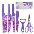 Kitchen Knife Set with Jasmine Floral Print, 6-Piece High Carbon Stainless Steel Blades with Comfortable Handles, Scissors and Peeler for Home Cooking