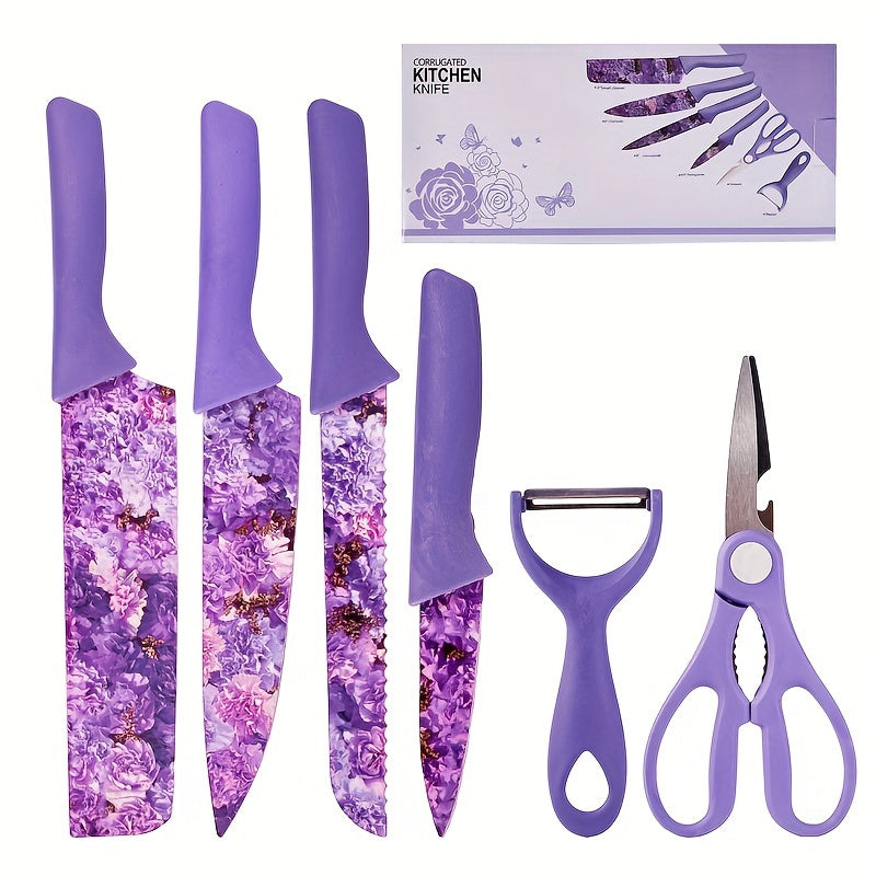 Kitchen Knife Set with Jasmine Floral Print, 6-Piece High Carbon Stainless Steel Blades with Comfortable Handles, Scissors and Peeler for Home Cooking