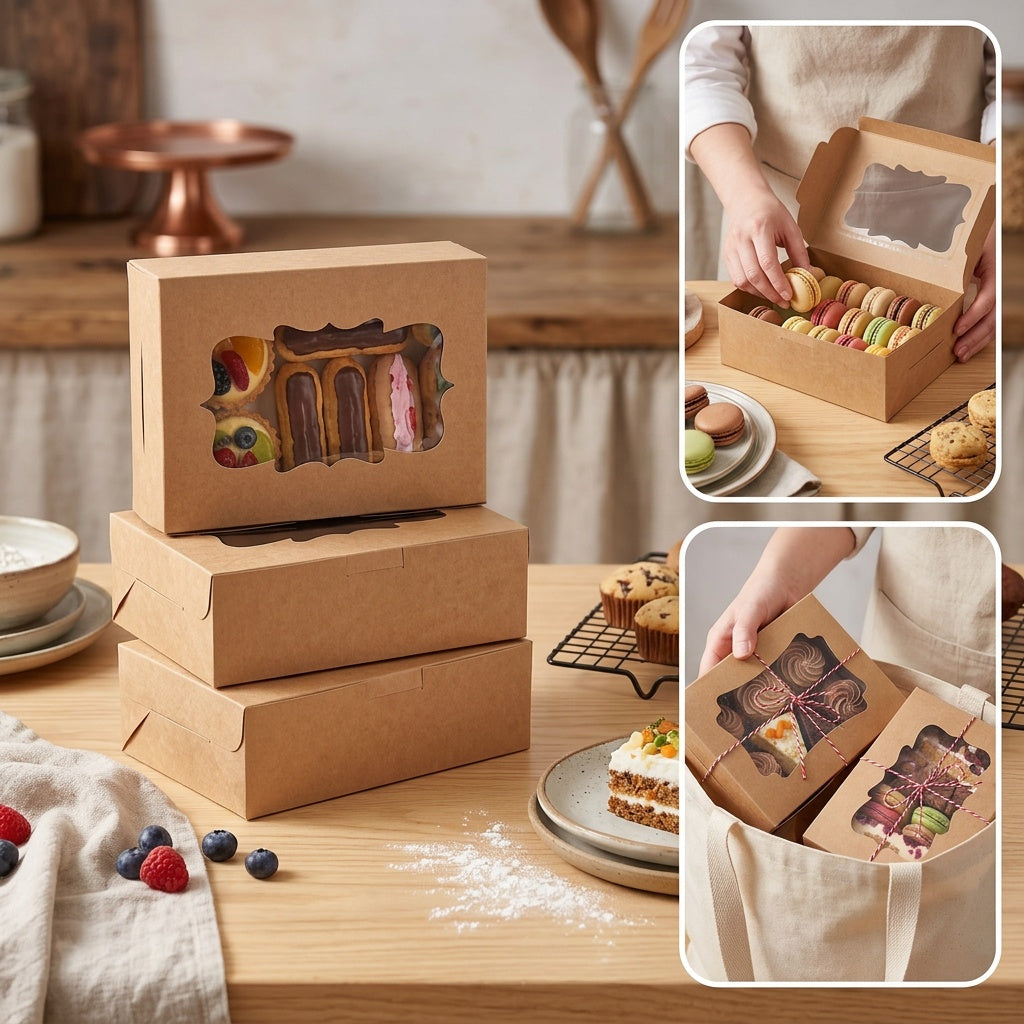 TOMNK 48pcs Cookie Boxes, Treat Boxes with Window, Cake Packaging Box, Bakery Brown/White Pastry Boxes, Caja De Galletas, Macaron Boxes, Dessert Storage Box, Kraft Cartons, for Birthday Party, Wedding, 8X6X2.5 in