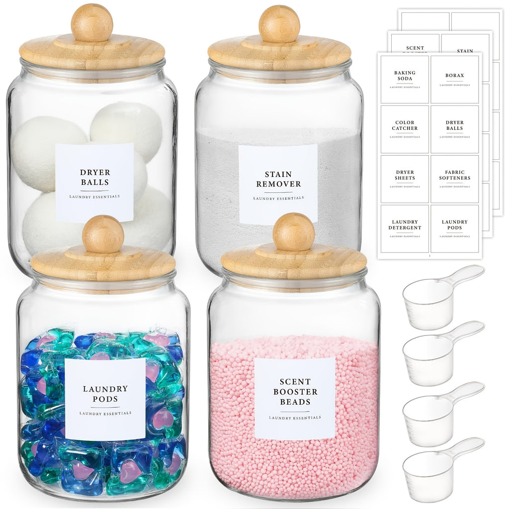 Glass Jars with Airtight Lids And Labels, Half Gallon Storage Containers with Spoons for Laundry Detergent, Pods, Scent Booster Beads, 1 2 3 4 Pack, Canisters