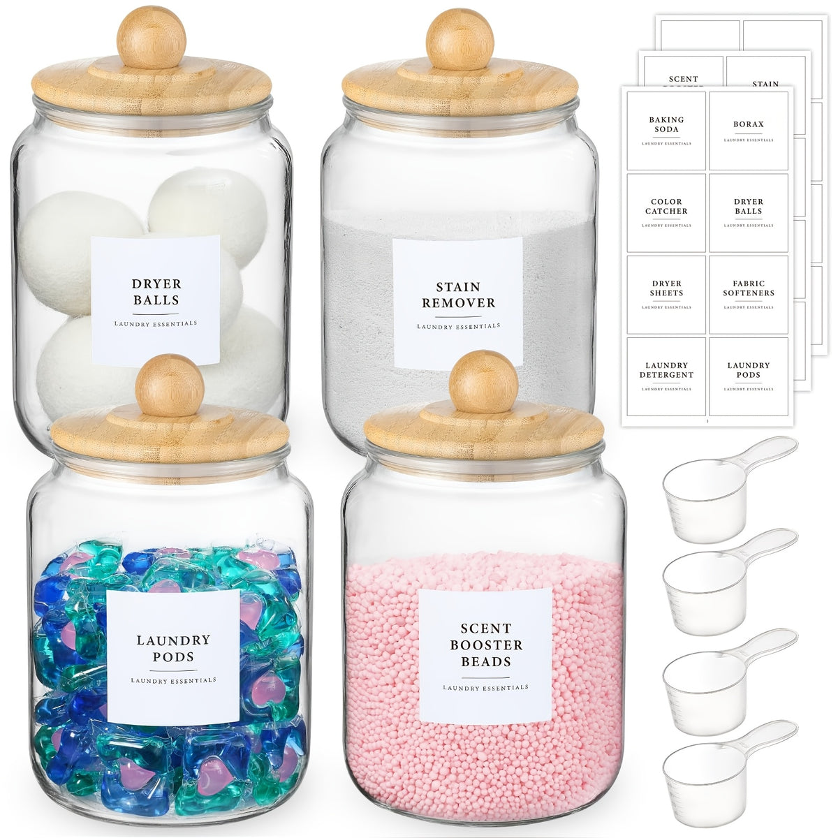 Glass Jars with Airtight Lids And Labels, Half Gallon Storage Containers with Spoons for Laundry Detergent, Pods, Scent Booster Beads, 1 2 3 4 Pack, Canisters