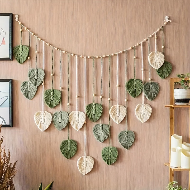 1 Bohemian-style Leaf Feather Wall Hanging - Modern Color-blocked Green, White, and Beige Interwoven Tapestry, Elegant Textured Home Wall Decor, Ideal Mother's Day Gift, the Perfect Bohemian-style Soft Accent Piece