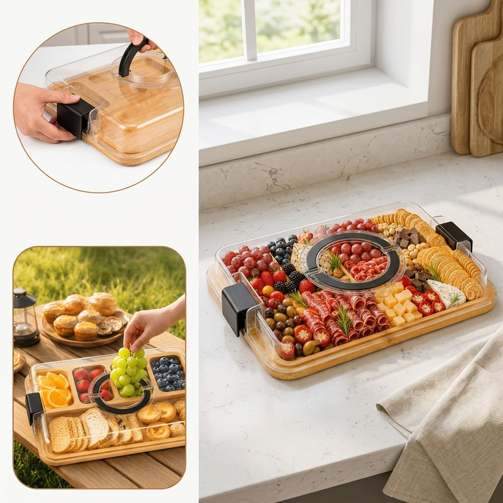 Cutting Board Charcuterie Tray with Clear Lid, 5-Compartment Bamboo Serving Board with Handle And Side Locks, Reusable Snack Platter for Cheese, Fruit, Crackers, Appetizers, Party, Picnic, Kitchen, Holiday Gathering