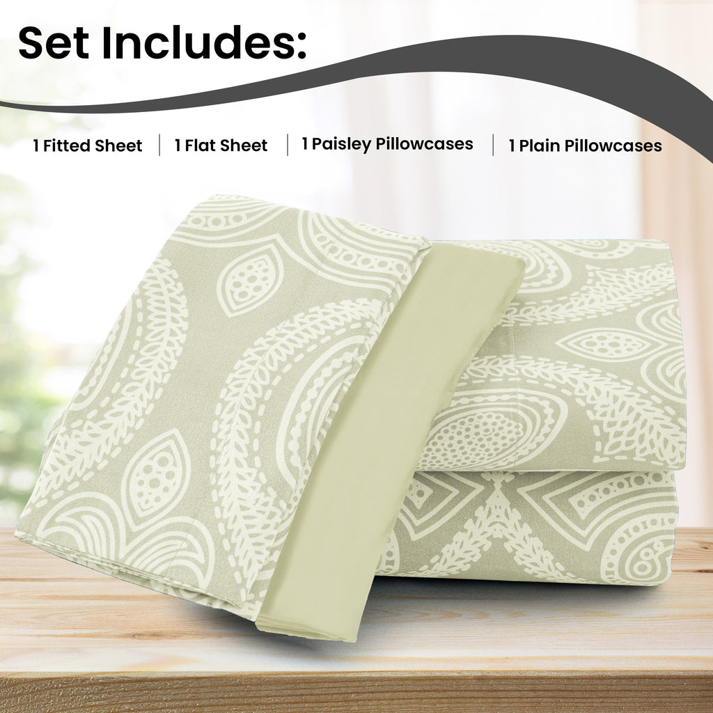 Paisley Microfiber Sheet Set, Soft 100% Polyester Bedding with 16-Inch Deep Pocket Fitted Sheet, Flat Sheet and Pillowcases in Six Bed Sizes