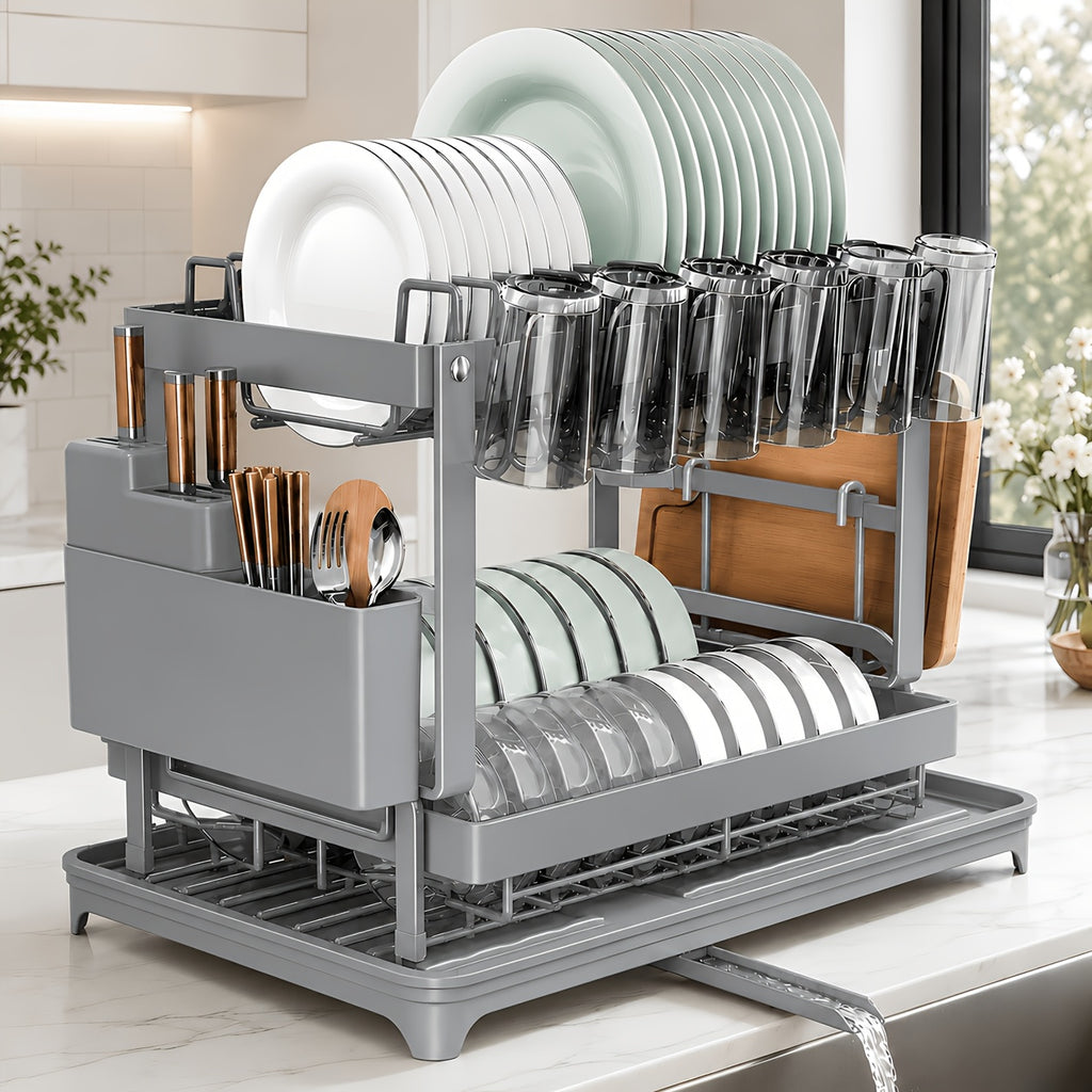 Two-Level Dish Drying Rack for Kitchen Surfaces, Dish Drainer with A Drainboard, Metal Kitchen Dish Holder with Drainage, Two-Tier Kitchen Drying Rack, Black Dish Holders, Standing Shelf Units, Standing Shelf