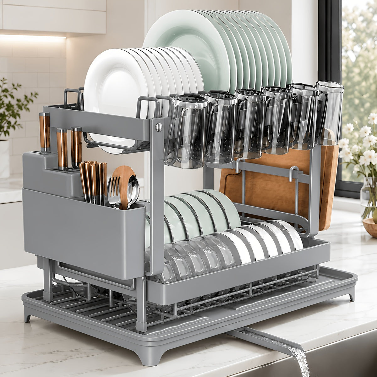 Two-Level Dish Drying Rack for Kitchen Surfaces, Dish Drainer with A Drainboard, Metal Kitchen Dish Holder with Drainage, Two-Tier Kitchen Drying Rack, Black Dish Holders, Standing Shelf Units, Standing Shelf