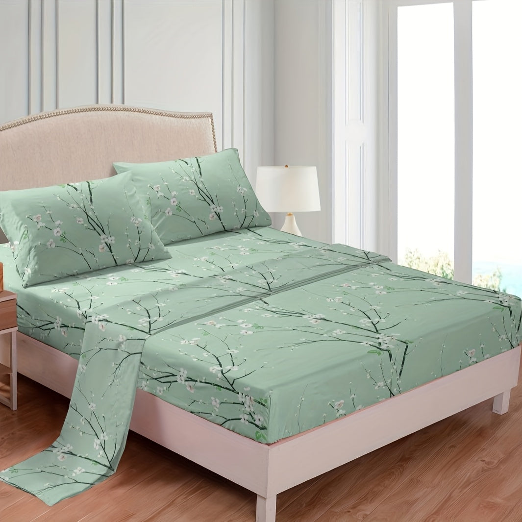 4pcs Multicolour Tree Branch Plum Blossom Sheet Protector Bed Sheet Pillowcase Four-piece Set (1 Bed Cap +1 Bed Sheet +2 Pillowcase Without Pillow Core), Deep Pocket In 15 Inch, Bedroom Dormitory High Definition Printing Room Decor