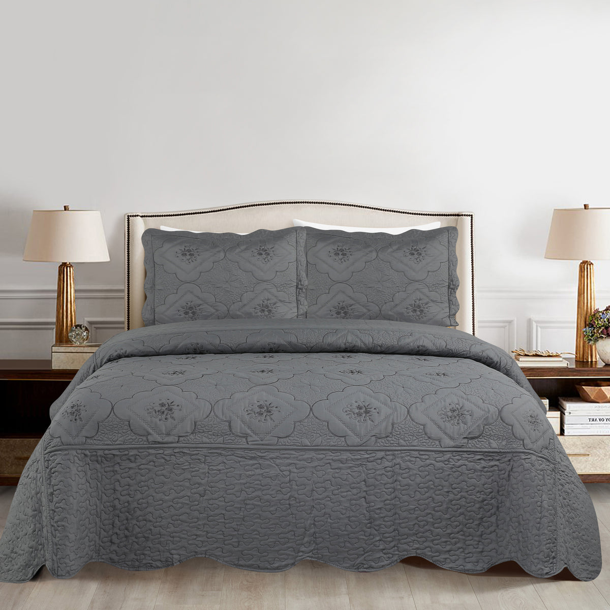 3pcs Exquisitely Crafted King/ Queen Size Quilted Bedspread Set with Intricate Floral Embroidery - 100% Polyester, Wrinkle - Resistant, Lightweight, Perfect for Adding A Touch of Elegance To Your Bedroom Decor