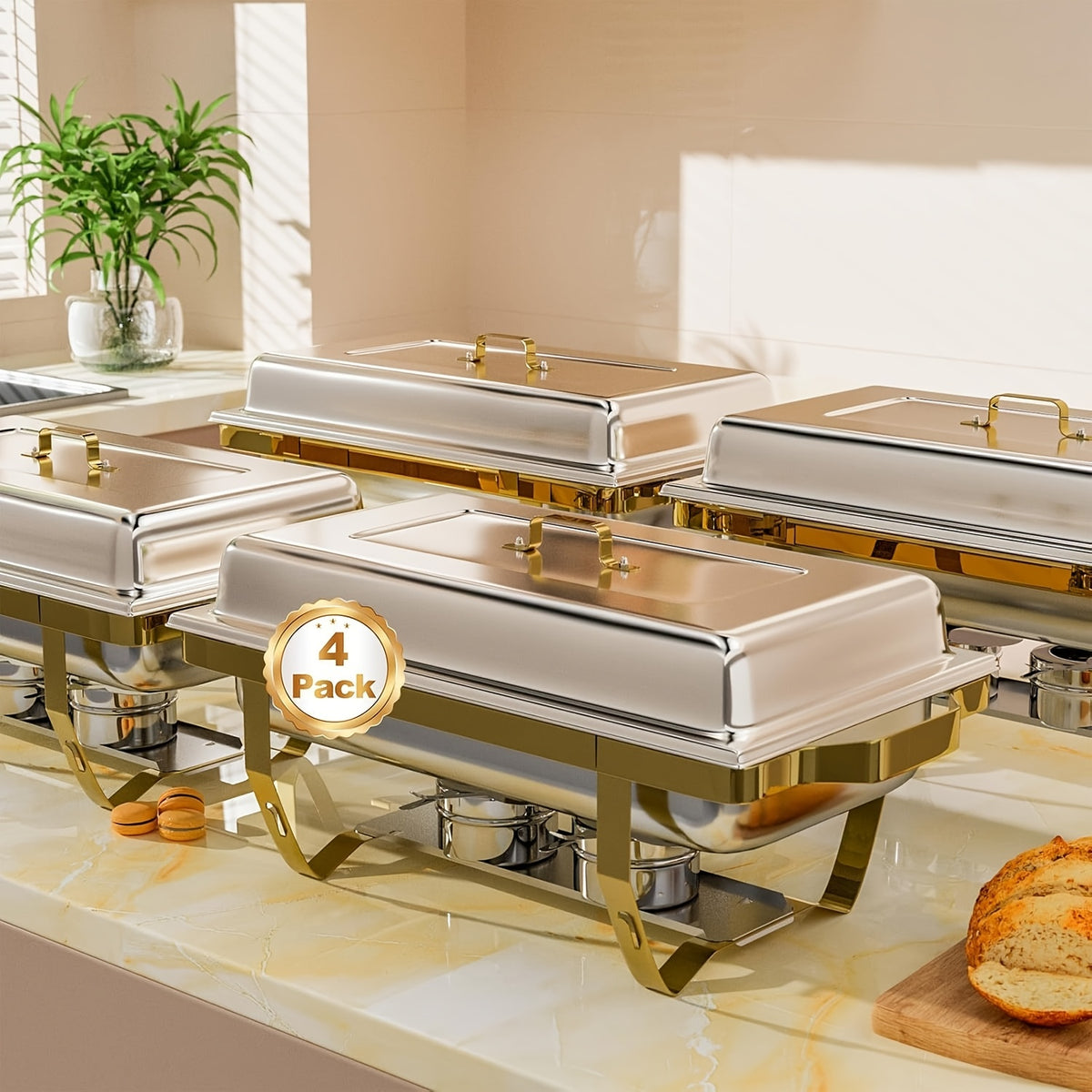 Stainless Steel Chafing Dish Buffet Set, 1, 2 or 4 Pack Food Warmers with Gold or Silver Accents for Catering, Parties and Holiday Dinner Serving