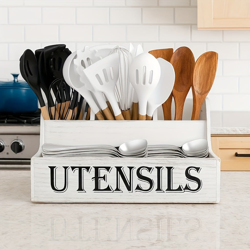Extra Large Kitchen Utensil Organizer with 4 Compartments, White Wooden Kitchen Utensil Organizer for Kitchen Countertops, Farmhouse Utensil Storage, Rustic Cooking Utensils - White.