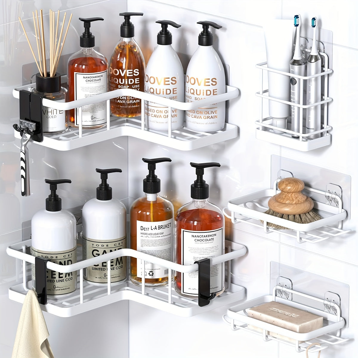 Corner Shower Caddy, 5-Pack Shower Organizer Corner With Soap Holder And 4 Removable Hooks, Rustproof Corner Shower Shelves, No Drilling Shower Shelf For Inside Shower, Random Color Properties To Choose, Shower Caddies