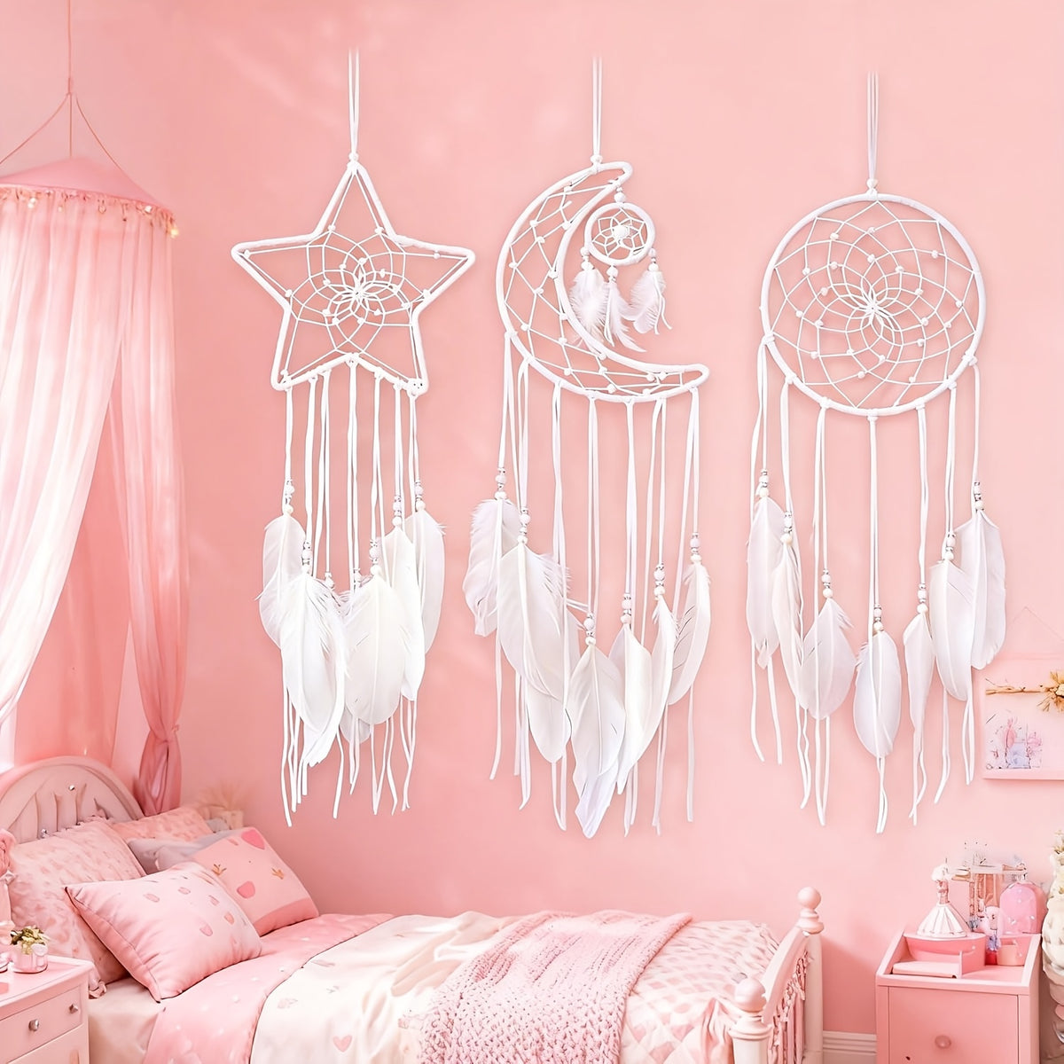 3pcs/LOT Star Moon Sun Dream Catcher Pink Room Decor for Teen Girls Kids Girls Room Decor Princess Bedroom Decor
