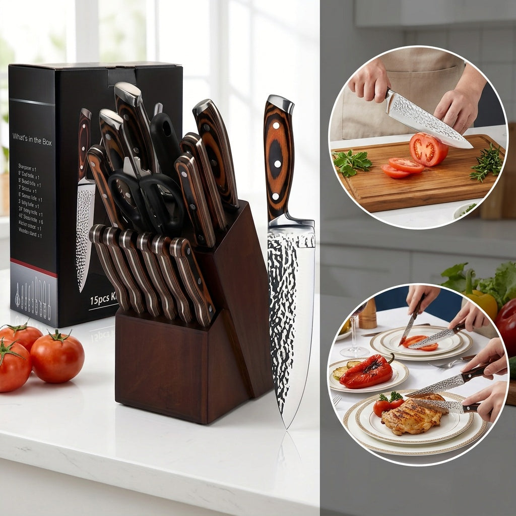 Kitchen Knife Set, 15pcs Knife Set With Block Wooden, Self Sharpening For Chef Knife Set, Medium Carbon Stainless Steel Hammered Knife Block Set With Steak Knives, Knives For Men, Boxed Knife Sets For Kitchen, For Family Gift, Local Warehouse