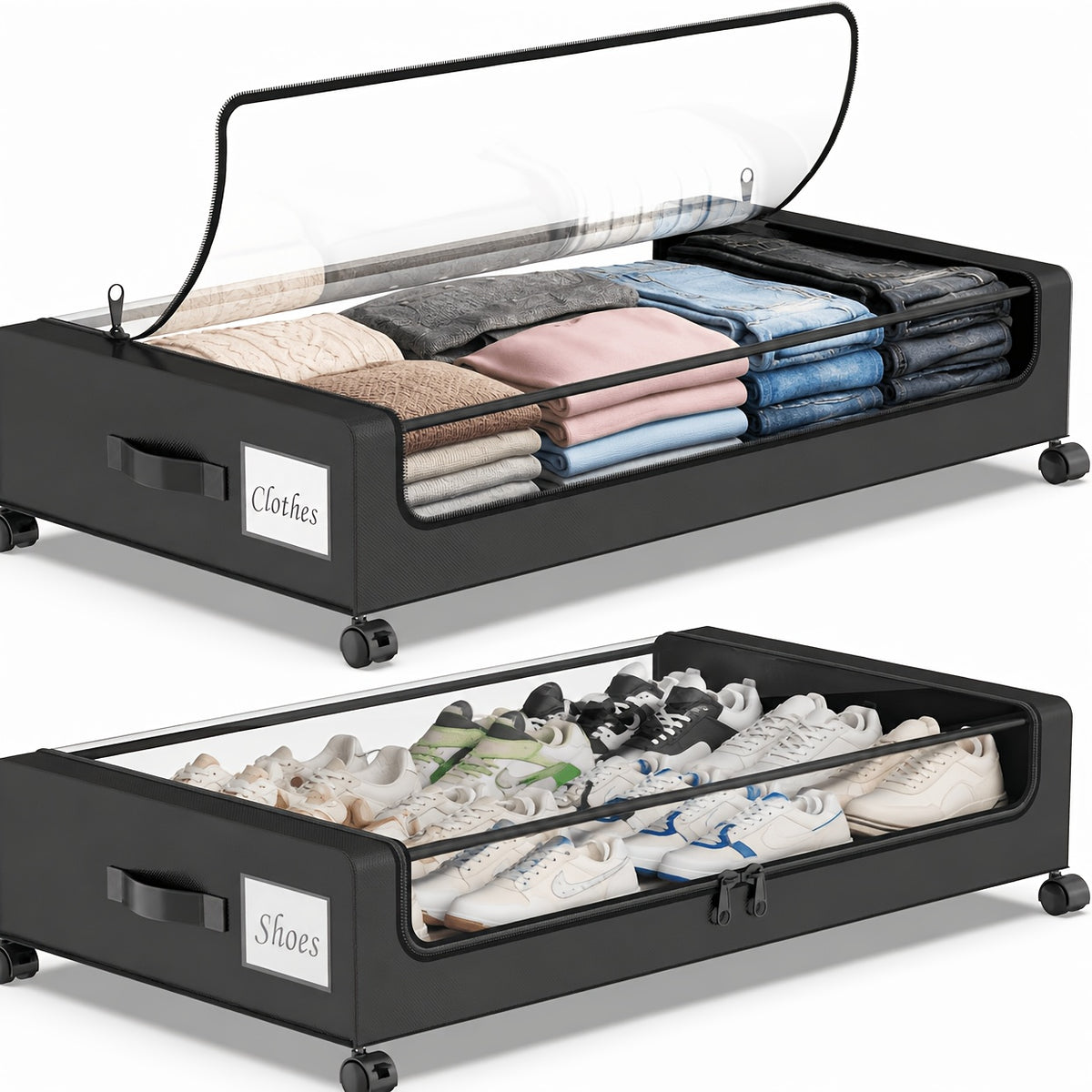 2-Pack Under Bed Storage with Wheels: XXL 17.17gal Underbed Storage Containers with Clear Lids - Rolling Drawers And Bins for Shoes, Clothes in Dorm Bedroom - Space-Saving Easy Pull-Out, Black, Under-Bed Storage
