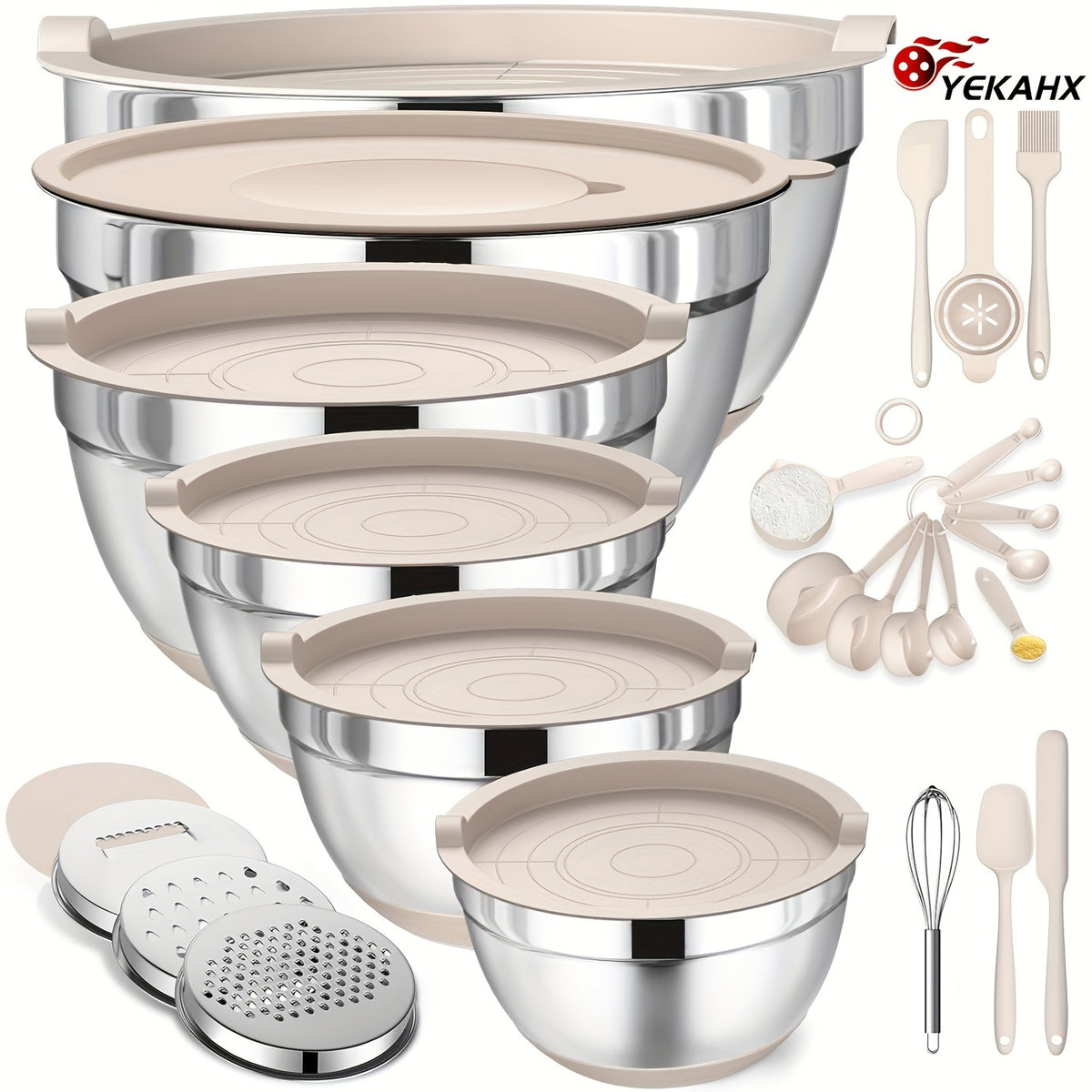 26pcs Stainless Steel Mixing Bowl Set With Sealed Lid And Anti Slip Silicone Bottom, 6 Bowls 4.5, 3.6, 2.7, 2.1, 1.7, 1.1QT Sizes+kitchen Tools, Suitable For Baking, Salad Making, Mixing, Kitchen Tidying, Christmas, Father'S Gifts, Gifts For Men