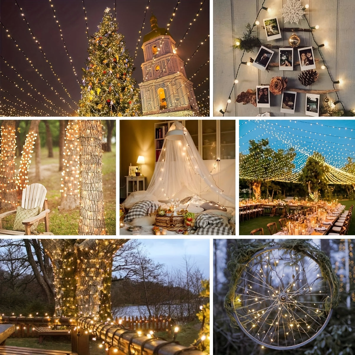Outdoor And Indoor LED Christmas Lights in Multi-Color Options, Available in 100, 200, 300, And 500 Counts. Features a Green Wire, Memory Function, Timer, And 8 Modes. These Super Bright Lights Are IP44, Perfect for Holiday Parties, Gardens