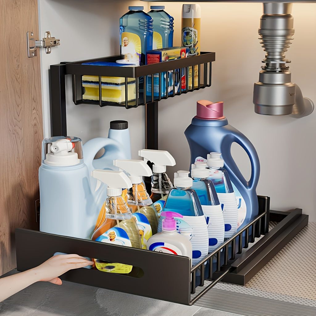 Two-Tier Under-Sink Organizer Featuring a Sliding Drawer, Metal Pull-Out Storage Rack for Kitchen, Bathroom, Or Closet, Designed for Space Efficiency And Easy Access