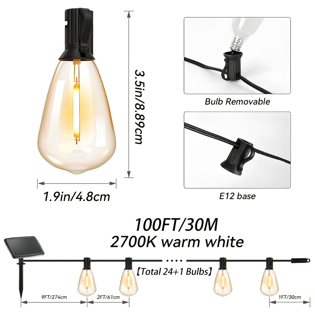 50/ 100 Ft Solar Outdoor String Light, Usb-Rechargeable Patio Rope Light, 2700K Warm White, Weather Resistant Material, 12+1/ 24+1 Breakproof ST38 E12 Bulb for Patio, Backyard, Porch, Outdoor Pool