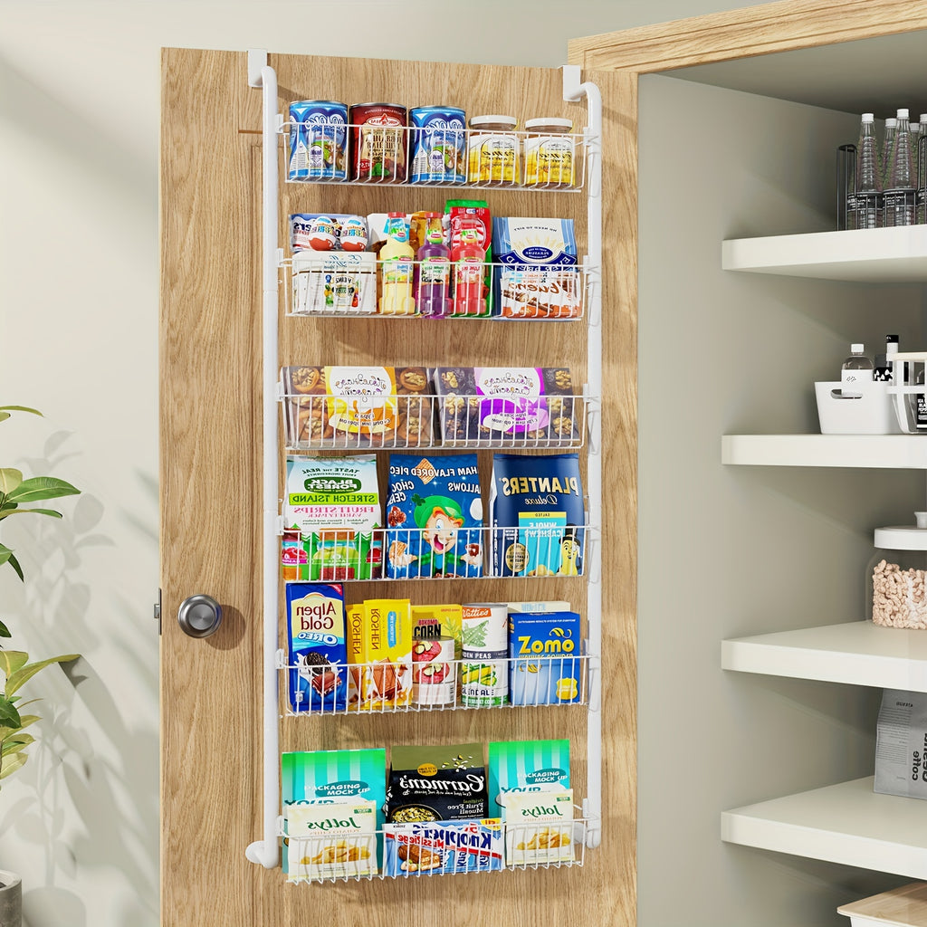 Metal Over Door Pantry Rack, 6 or 8 Tier Hanging Storage Organizer in Black or White for Spices, Packaged Foods, Bathroom Essentials and Laundry Supplies