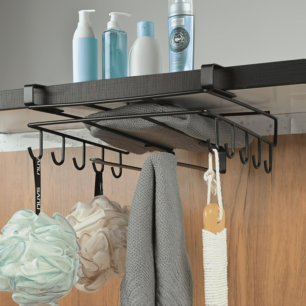 1pc Cabinet Organizer Holder, Cabinet Holder Rack, Bathroom Towel Holder Under Cabinet, Hanging Shelf Under Cabinet with Multiple Hooks for Cups, Kitchen Utensils, And Cutting Boards(Black)