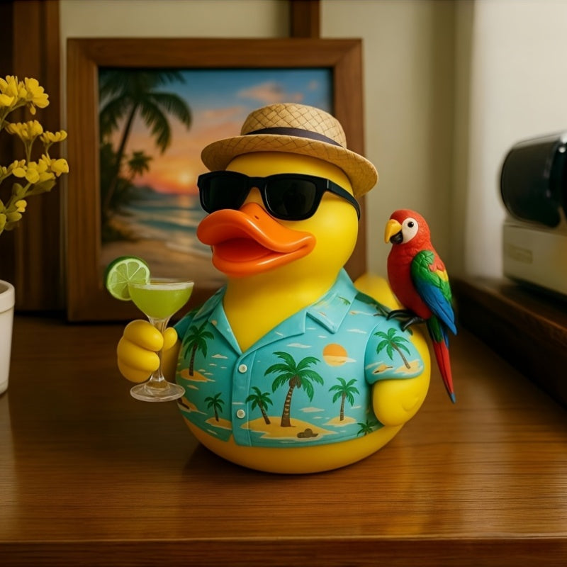 Cute Beach Duck Figurine - Tropical Hawaiian Shirt & Fashion Glasses Design, Resin /Outdoor Decor with Expressive Eyes, Palm Tree Accent - No Needed, Ideal Christmas Gift for, Pool, Beach Decorations (Yellow Duck with Lime Garnish Look)