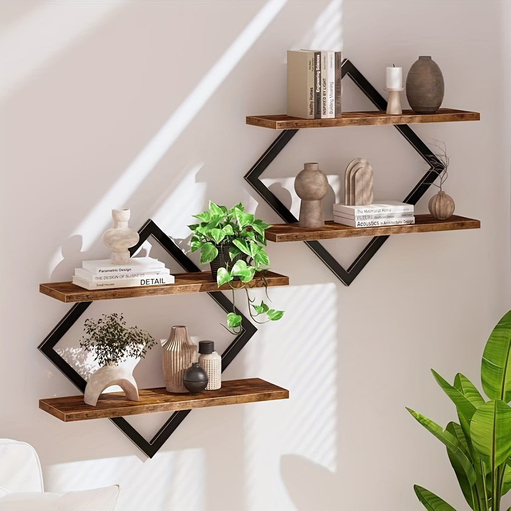 2/4pcs Double Layer Geometric Diamond Wall Floating Shelf Decorative Industrial Hanging Metal Wire Wooden Display Stand, Simple Style Wall Floating Stand, Artistic Style, Suitable for Living Room Kitchen, Floating Shelves