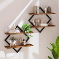 Diamond Wall Shelf Set with Two Tier Wooden Display Boards and Geometric Metal Frames, 2 or 4 Piece Options for Living Room Kitchen and Bedroom Storage