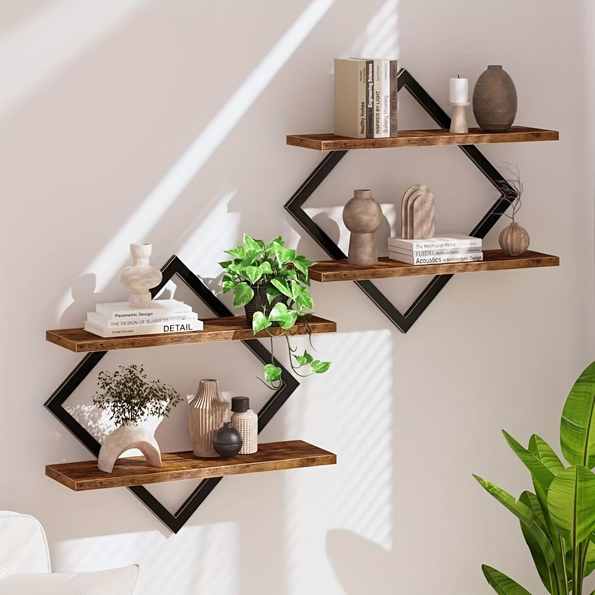 2/4pcs Double Layer Geometric Diamond Wall Floating Shelf Decorative Industrial Hanging Metal Wire Wooden Display Stand, Simple Style Wall Floating Stand, Artistic Style, Suitable for Living Room Kitchen, Floating Shelves