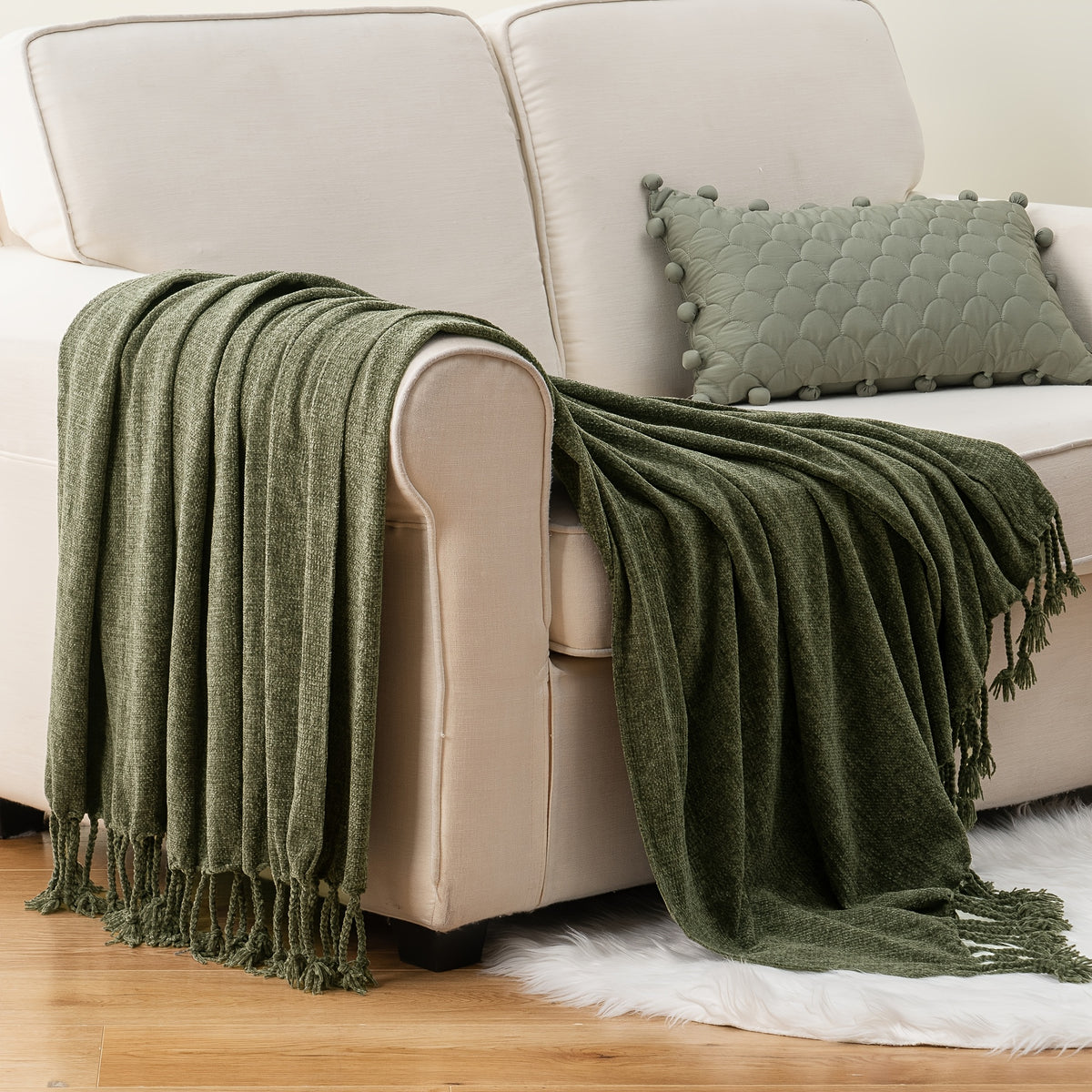 Decorative Fringe Velvety Throw Blanket for Sofa Home Decor, Chenille Throw Blanket for Couch, 50"x60"