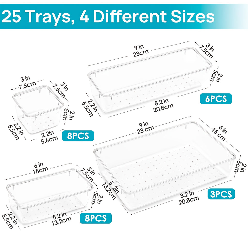 Set Of 25 Clear Storage Trays for Organizing Desk Drawers, Perfect for Cosmetics And Miscellaneous Items. Ideal for Use On Dressers, Under Beds, And for Desk Organization, Flatware Organizers And Kitchen Drawer Dividers