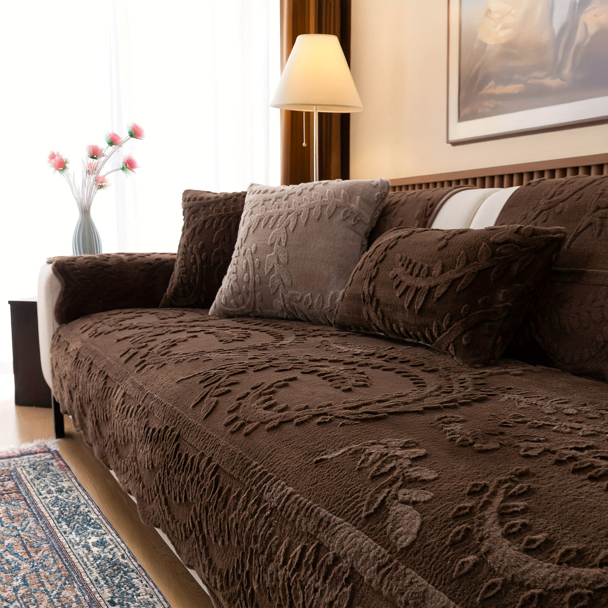 1pc Thickened Quilted Machine Washable Sofa Cushion, Faux Rabbit Fur Comfort Warm Non-slip Plush Sofa Cover, Breathable and Comfortable Pet-friendly for Bedroom, Office, Living Room, Suitable for 2/3/4-seater Sofa, Home Winter Decor, Christmas Gifts