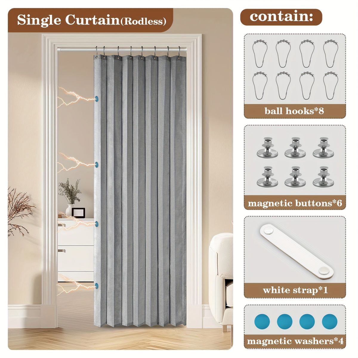 1pc Foldable Door Curtain, No-Rods Partition Privacy Waterproof, with Hook Attachment And Binding, All Season Available Bathroom