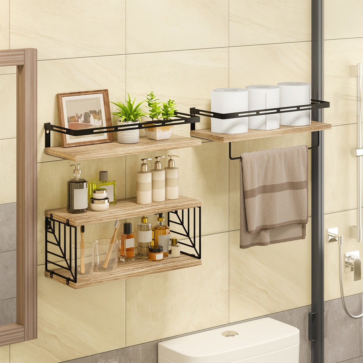 TOMNK 3/4pcs Wall Mounted Floating Storage Rack, Rustic Wood Wall Shelf with Guardrail, Multifunctional Display Unit for Bedroom, Living Room, Bathroom And Kitchen