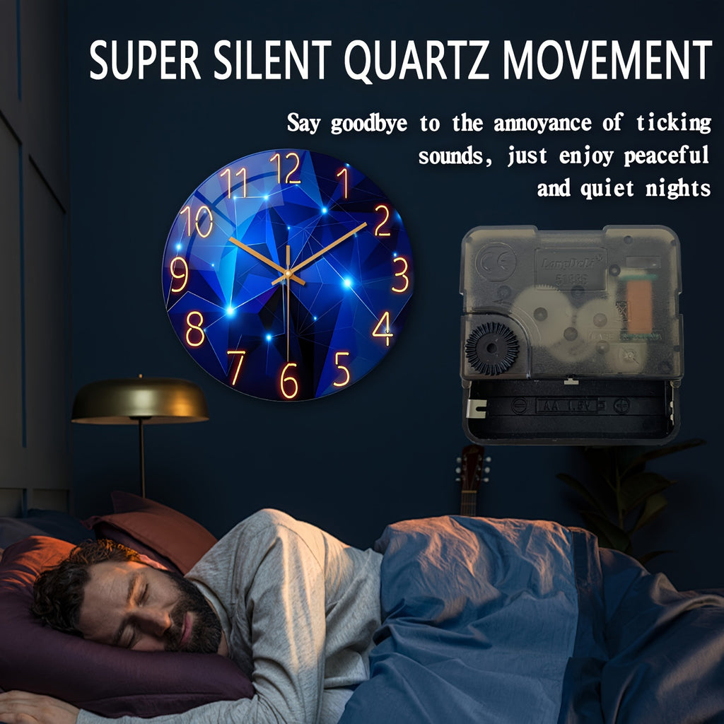 Large Modern Blue Glass Wall Clock - Dark Blue Accessories, 12-24 Inch Silent Quartz Clock, Battery-powered, Suitable for Living Room, Bedroom, Office Decorative Clock, Housewarming Gift, Home Decoration, Fantasy-style Design